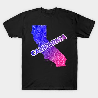 Colorful mandala art map of California with text in blue and violet T-Shirt